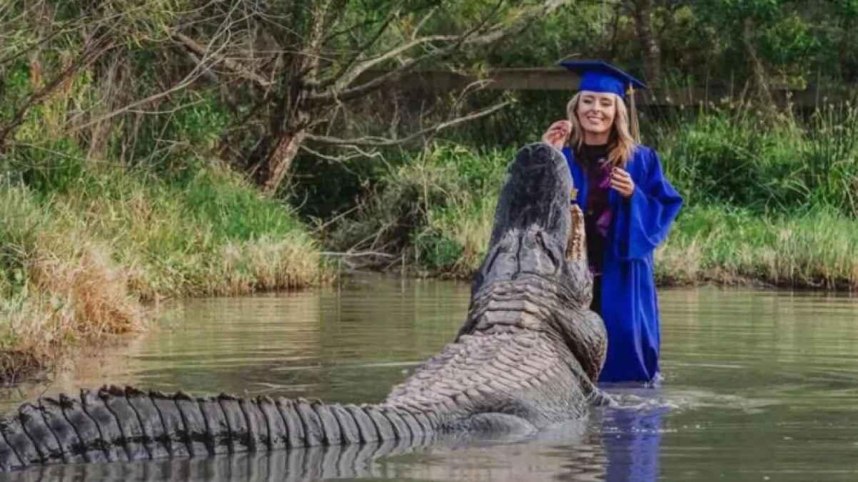 An American graduate captures attention with bold photos alongside two giant alligators